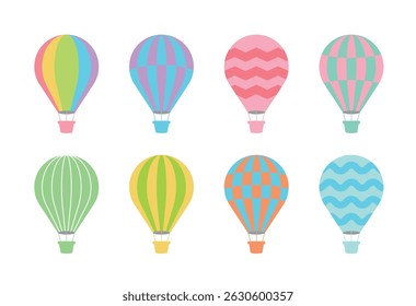Vibrant hot air balloons with unique patterns floating in formation. Ideal for travel, adventure, freedom, and colorful design themes.