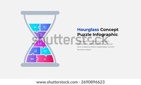 Vibrant hourglass infographic featuring numbered puzzle pieces, symbolizing steps in a process, timeline, and workflow. Ideal for business presentations, education, and strategic planning visuals