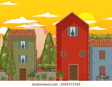 Vibrant houses with sunset and greenery