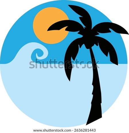 A vibrant Huawei-style beach icon set featuring a tiki mask, tropical hut, ocean wave, and palm tree, designed in a minimal or flat vector style. 