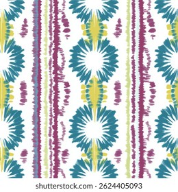 Vibrant hues of teal, magenta, and yellow, creating whimsical blooms on a white background. grunge lines ikat pattern, striped seamless pattern, Vector illustration background for print the paper.
