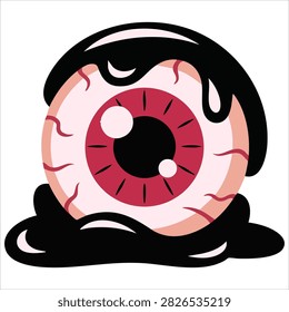 Vibrant Human Eye with Red Pupil Lies in Black Puddle