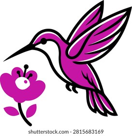 Vibrant hummingbird hovering near a bright pink flower with stylized wings and petals
