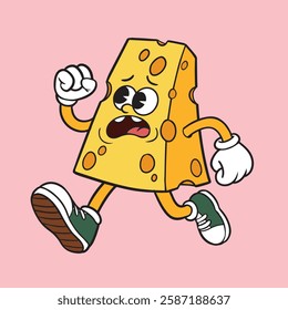 A vibrant and humorous cartoon illustration of a cheese wedge character running in a panic. The expressive dairy mascot wears green sneakers and white gloves, showing a worried and energetic personali