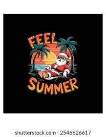 Vibrant humorous Christmas T shirt design with a laid Santa Claws wearing sunglass in tropical sunset summer beach background