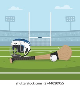 A vibrant hurling scene features a white-blue helmet, wooden hurley, sliotar on green pitch.