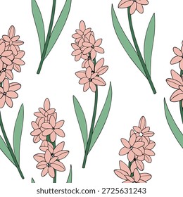Padrão de azulejos vibrantes sem emenda jacinto com cores pastel macias e flores perfumadas doces conceito como Jacintos pastel macio com flores perfumadas formam um padrão de azulejos de mola sem emenda frescos para um olhar fresco vibrante no Conceito de Stock Fotográfico e espaço vazio no lado esquerdo, sem texto —ar 7:2 —tile