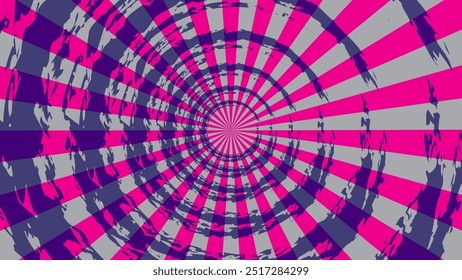 vibrant, hypnotic tunnel with alternating pink, purple, and gray checkered patterns radiating from the center, creating a dizzying, vortex-like illusion. abstract composition conveys depth and motion