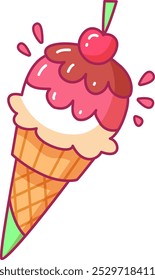 A vibrant ice cream cone features scoops of pink and white ice cream topped with a cherry and surrounded by chocolate drizzle evoking a fun sweet treat.