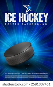 Vibrant ice hockey poster background featuring detailed puck designed with burst effects and stylish star accent for strong visual impact. Vector illustration.