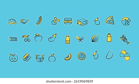 Vibrant Icon Collection Featuring Various Fruits and Vegetables Designs	