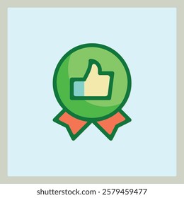 A vibrant icon depicting a thumbs up symbol within a green circle award badge with a bow