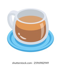 A vibrant icon of a glass coffee cup filled with coffee, resting on a matching saucer.