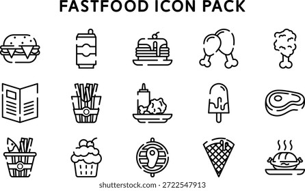 Um vibrante pacote de ícones com fast-food universal, bebidas, lanches e sobremesas. Perfeito para menus, aplicativos, blogs e marketing para representar refeições, compras, refeições e restaurantes casuais.