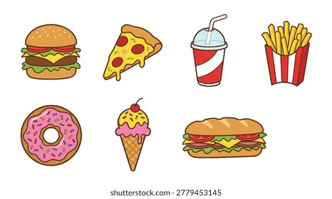 A vibrant icon pack featuring various fast food items on a clean white background for creative design projects including burgers donuts ice cream pizza fries and soda