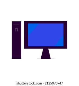 Icono vibrante de una computadora personal con monitor azul y bloque de sistema negro. Adecuado para carteles, tiendas, banners, libros, etc.