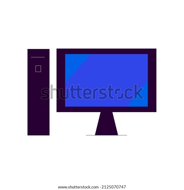 Vibrant icon of personal computer with blue monitor\
and black system block. Suitable for signboards, shops, banners,\
books etc