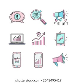 A vibrant icon set for marketing and business themes. Includes money talks, target search, public announcements, laptop growth, personal growth, mobile marketing, and e-commerce.