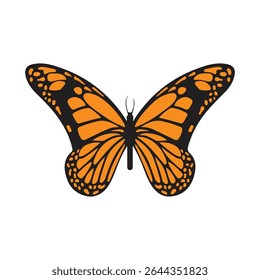 Uma borboleta monarca vibrante e icônica é retratada com suas asas graciosamente espalhadas, mostrando sua coloração laranja e preta distintiva.