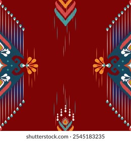 Vibrant ikat pattern with bold colors and intricate designs on rich red background, perfect for textiles or wallpapers.