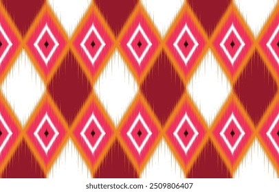 Vibrant ikat pattern. diamond shapes. Seamless ethnic design for boho decor.  ikat motif in red, orange, pink, white. Trendy ikat background for fabric, wallpaper. Stylish geometric. textile pattern.