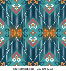 A vibrant ikat pattern featuring geometric shapes and bold colors, creating lively and dynamic textile design