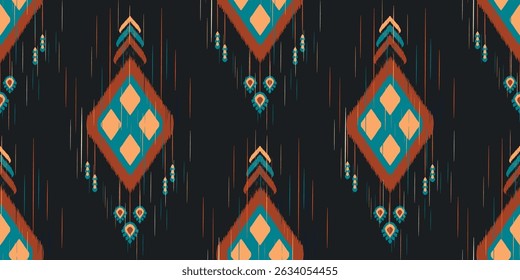 A vibrant ikat pattern featuring geometric shapes in teal, orange, and cream against dark background, creating striking visual effect