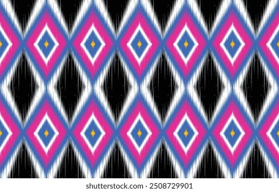 Vibrant ikat pattern seamless background. Colorful ethnic design with diamond shapes. Trendy boho chic textile print. Geometric ikat motif in blue, pink, and white. Modern ikat wallpaper. 