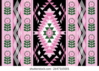 A vibrant Ikat-inspired floral geometric seamless pattern with tribal and ethnic elements, perfect for textile, pillow, and fashion design. The colorful symmetrical motifs blend traditional craft 