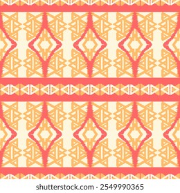 Lebendige Ikat-inspirierte geometrische Muster mit Diamant und dreieckigen Motiven in warmen Korallen- und Orangetönen Symmetrische und dekorative Gestaltung für Textilien und künstlerische Innendekoration