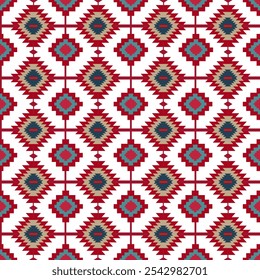 vibrant Ikat-inspired Navajo pattern with seamless tribal and folk embroidery, featuring colorful Mexican Aztec geometric rhombus motifs. Ideal for carpets, wallpaper, clothing, wrapping paper, and fa