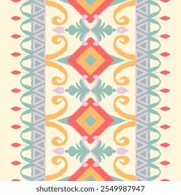 Vibrant Ikat-Inspired Pattern with Symmetrical Diamond Motifs and Ornamental Swirls in Pastel and Warm Tones Decorative Design for Textiles, Wallpaper, and Home Decor