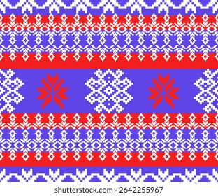 Vibrant ikat-style pixel design with white, red, and navy blue. The bold layout captures the spirit of tribal textiles with a contemporary digi.tal flair—great for festive, folk, or craft-themed
