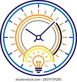 Vibrant illustrated clock face integrated with a lightbulb representing time and creativity