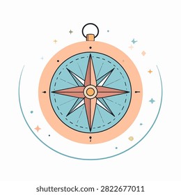 Vibrant illustrated compass symbolizing navigation, exploration, and adventure with detailed design and bright colors for travel themes.