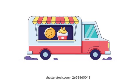 Caminhão de comida ilustrado vibrante que oferece deliciosas delícias de comida de rua ao ar livre