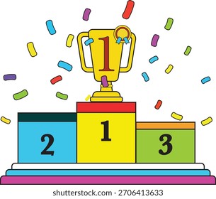 Un podio vibrante e ilustrado con tres pasos, cada uno numerado y coloreado de manera diferente, rematado con un trofeo dorado y rodeado de confeti, que simboliza el logro y la celebración.