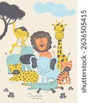 A vibrant illustrated scene featuring a playful parade of animals. A hanging monkey, noble lion, giraffe, elephant, hippopotamus, leopard, tiger, and crocodile create a lively jungle tableau.