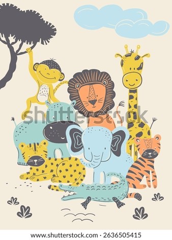 A vibrant illustrated scene featuring a playful parade of animals. A hanging monkey, noble lion, giraffe, elephant, hippopotamus, leopard, tiger, and crocodile create a lively jungle tableau.
