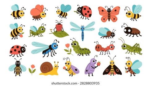 Vibrant illustrated set of various insects and bugs in cartoon style