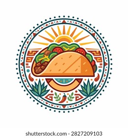 Vibrant illustrated taco with lettuce tomatoes and cheese in ornate frame