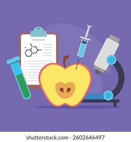 Vibrant illustration of apple, surrounded by scientific equipment. Connection between biology and food science concept