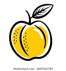 A vibrant illustration of an apricot, featuring a velvety orange-yellow color and a subtle cleft. The apricot is outlined with bold black lines, giving it a modern, graphic feel.