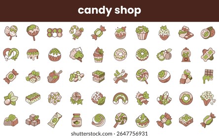 A vibrant illustration of assorted candies and treats, featuring various confections like lollipops, cupcakes, and chocolates in a playful design.