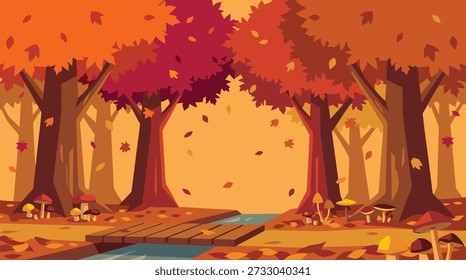 A vibrant illustration of an autumn forest featuring tall trees with colorful foliage, a rustic wooden bridge crossing a stream, and leaves gently falling.