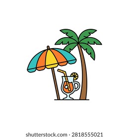 A vibrant illustration of a beach umbrella and a refreshing tropical drink next to a palm tree, evoking a sense of summer relaxation and vacation.