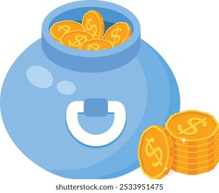 Uma ilustração vibrante de um caldeirão azul repleto de moedas de ouro em dólar, representando prosperidade, economias e crescimento financeiro. Perfeito para uso em conteúdo relacionado a finanças, plataformas de investimento.