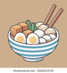 A vibrant illustration of a bowl of Asian noodle soup, filled with various ingredients like egg, meat, and dumplings.