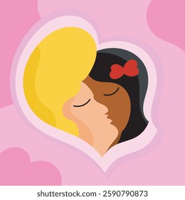 A vibrant illustration captures the essence of love with two women sharing a tender kiss. symbolizing the union of their love