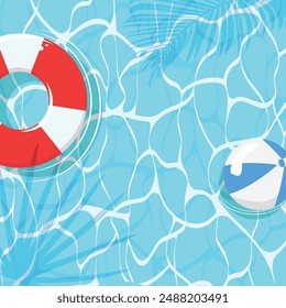 Vibrant illustration captures a top-down view of a swimming pool with clear, rippling water. Floating blue and white beach ball and swimming ring